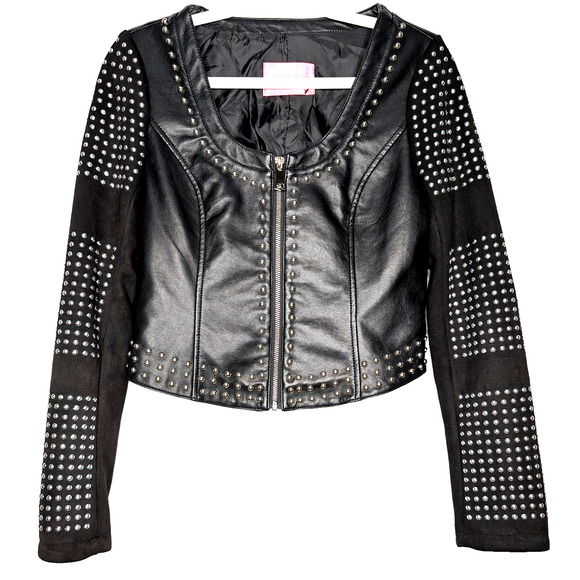 Azalea Wang Black Baddie Silver Studded Cropped Moto Boho Faux Leather Jacket M - Picture 2 of 9